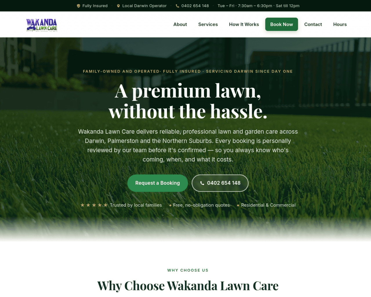 Wakanda Lawn Care — Darwin lawn & garden services site with bookings